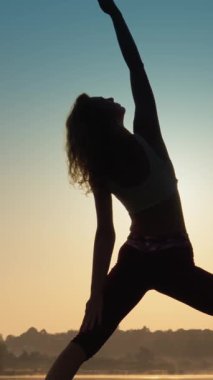 Gün batımında yoga yapan, huzur, ahenk, denge ve huzur dolu bir yaz için hazırlanan büyüleyici bir siluet.