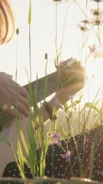 Genç bir kadın güneşli bir çayırda huzur içinde oturur, akustik gitarını ustalıkla tıngırdatır uzun otlar ve canlı kır çiçekleri arasında, doğanın nazik kucaklamasında huzurlu bir anı kapsıyor.