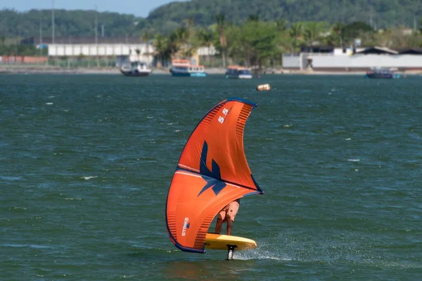 City Santos Brazil Man Riding Hydrofoil Board Using One Branded — Stock Photo, Image