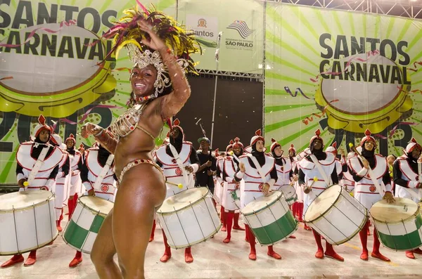 Karneval Městě Santos Brazílie Bubnová Královna Tančí Před Muzikanty Škola — Stock fotografie