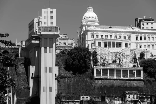 stock image Salvador, Bahia, Brazil. Lacerda Elevator and Rio Branco Palace seen from downtown. Black and white image.