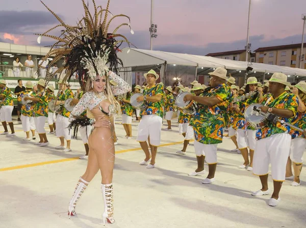 巴西桑托斯市的狂欢节 鼓后在音乐家面前跳舞 保罗神父桑巴学校的游行 March 2014 — 图库照片