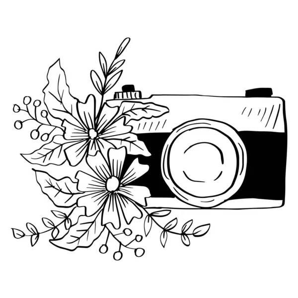 Ретро Фотоапарат Квітковим Оздобленням Ілюстрація Малювання Рук — стоковий вектор