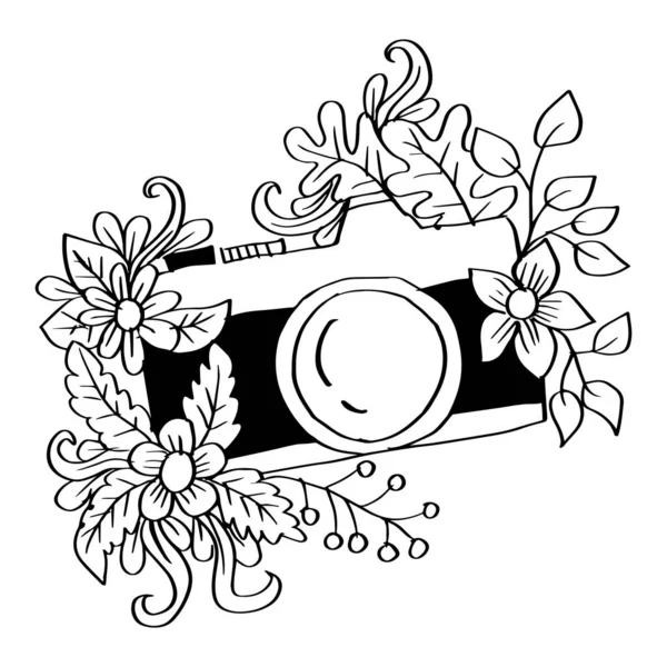 Câmera Foto Retro Com Decoração Floral Desenho Mão Ilustração — Vetor de Stock