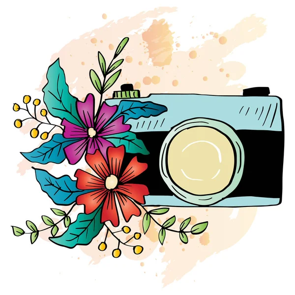 Câmera Foto Retro Com Decoração Floral Desenho Mão Ilustração —  Vetores de Stock