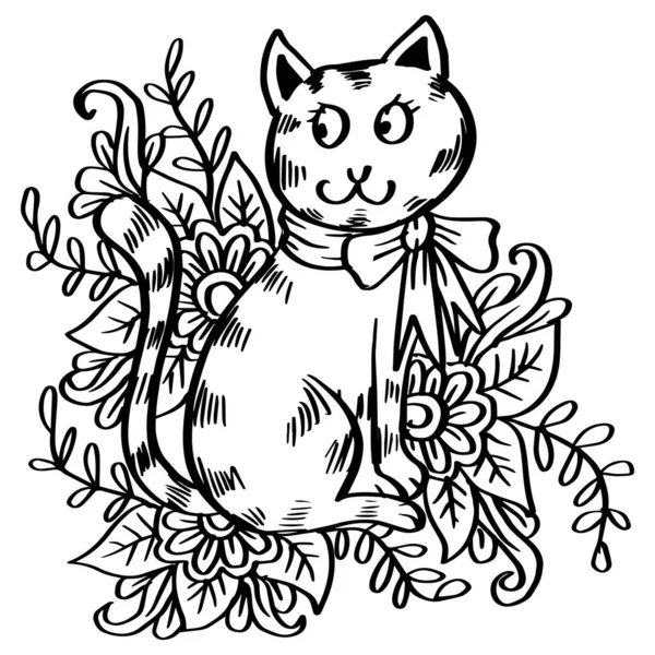 Niedliche Katze Karikatur Mit Floralem Element — Stockvektor