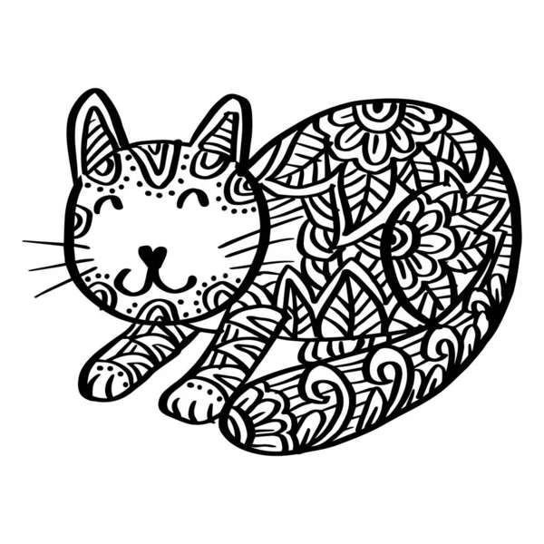 Cute Cat Zentangle Style Hand Drawing Illustration — Stock Vector