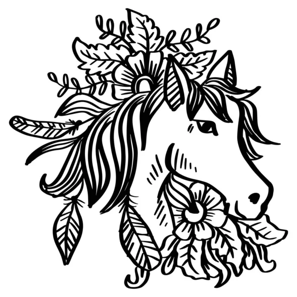 Desenho Cabeça Cavalo Com Decoração Floral —  Vetores de Stock