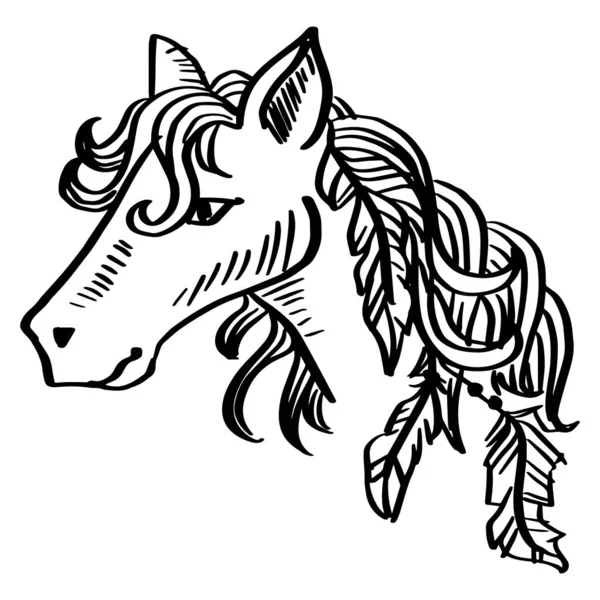 Desenho Mão Cavalo Dianteiro Com Ornamento Penas —  Vetores de Stock