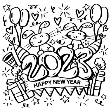 Tavşan Boyama Sayfalarıyla Mutlu Yıllar 2023