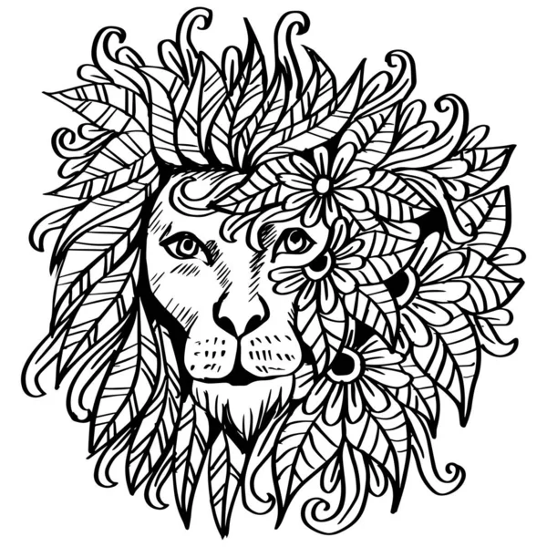 Doodle Dessin Main Tête Lion Décoratif Avec Élément Floral — Image vectorielle