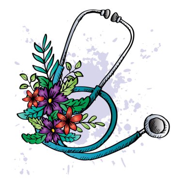 Stethoscope with floral decoration. Hand drawing illustration.