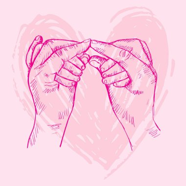 Sketch mother hands holding baby with heart shape background.