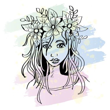 Sketch drawing beautiful young woman with flower wreath in her hair