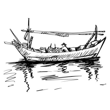 Sketch drawing fisherman boat fishing