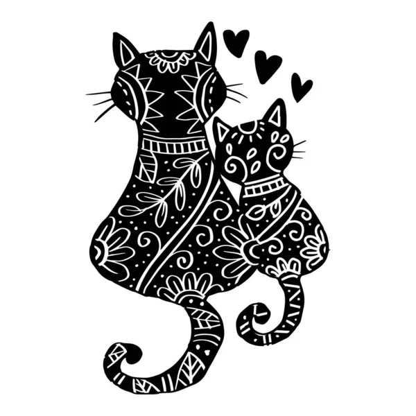 Mão Desenhado Doodle Mãe Gato Com Gatinho —  Vetores de Stock