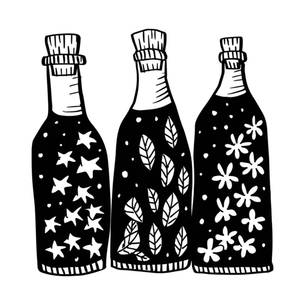 Garabato Dibujado Mano Tres Ilustración Botella — Vector de stock