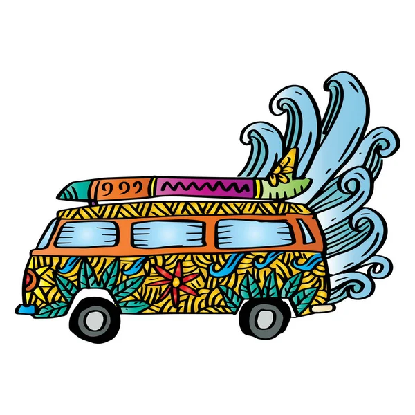 Carro Vintage Uma Mini Van Com Elemento Floral Estilo Zentangle — Vetor de Stock