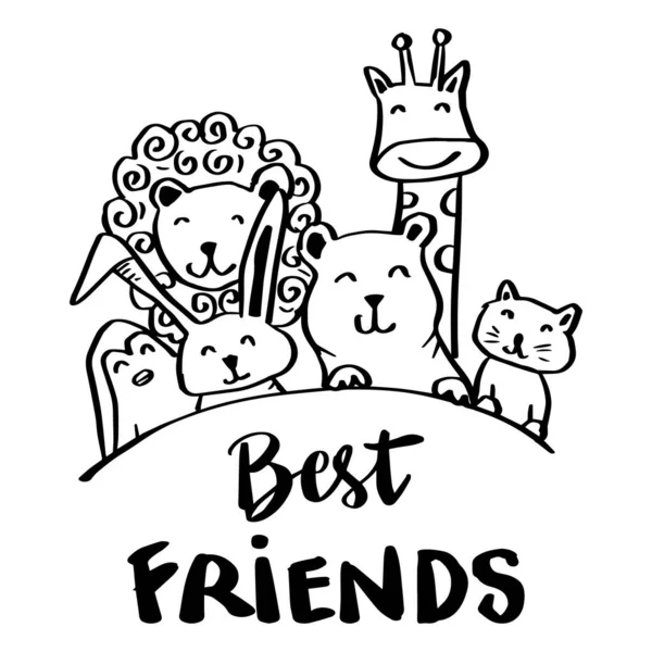 Best Friends Hand Lettering Cute Animals — Stock Vector