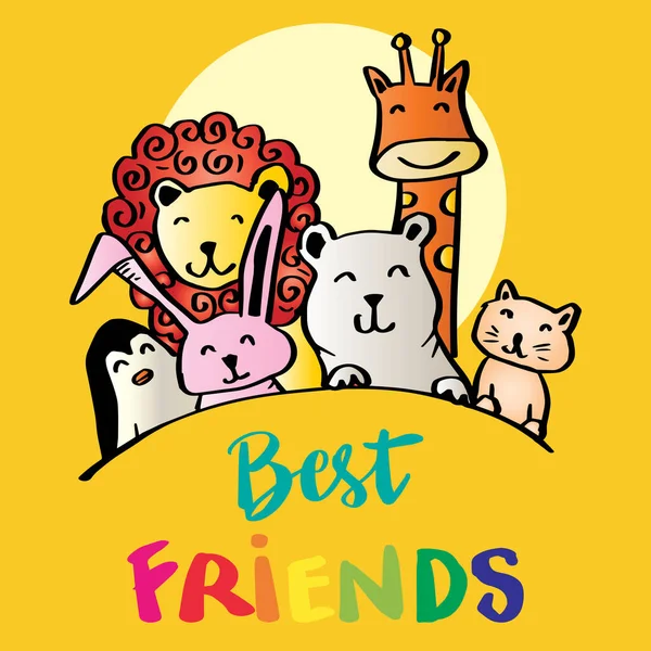 Best Friends Hand Lettering Cute Animals — Stock Vector