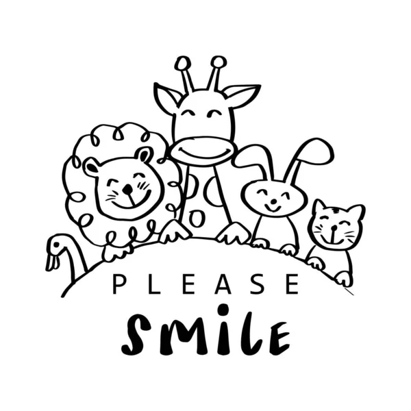 Lütfen Gülümse Sevimli Hayvanlarla Yazısı Poster Konsepti — Stok Vektör