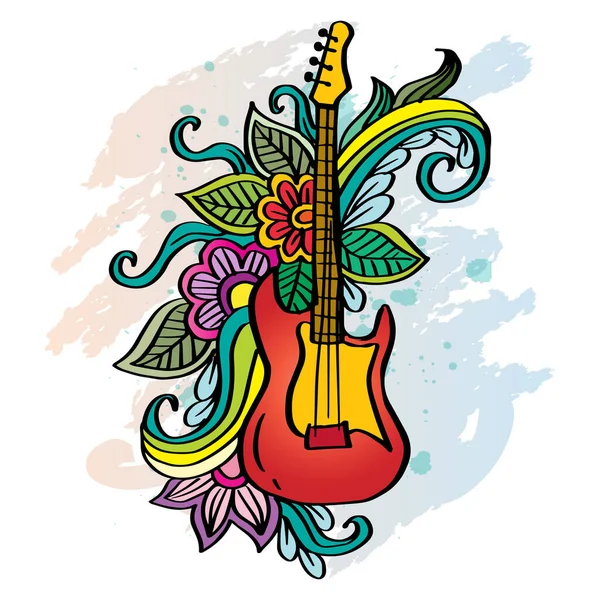 Doodle Drawing Guitar Illustration Floral Ornament — Stock Vector