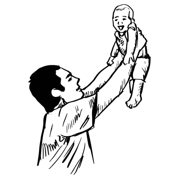 Szkic Rysunek Ojciec Trzyma Małego Chłopca — Wektor stockowy