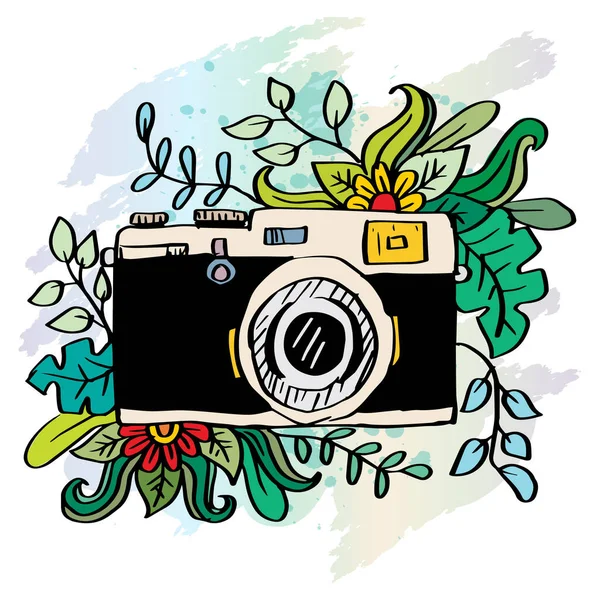 Caméra Vintage Avec Décoration Florale — Image vectorielle
