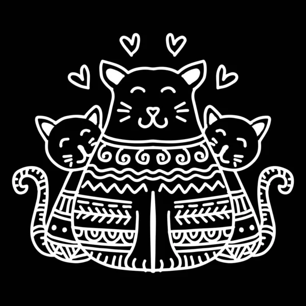 Negro Blanco Mano Dibujado Garabato Gatos Con Étnico Ornamento — Vector de stock
