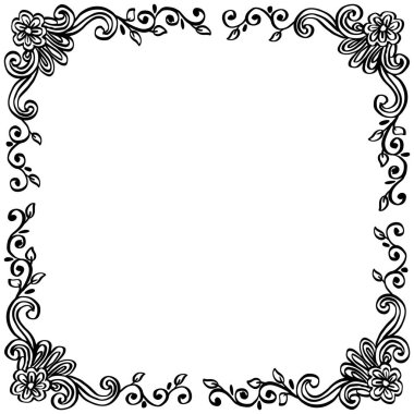 Siyah ve beyaz üzerine çiçek çerçevesi çizimi.