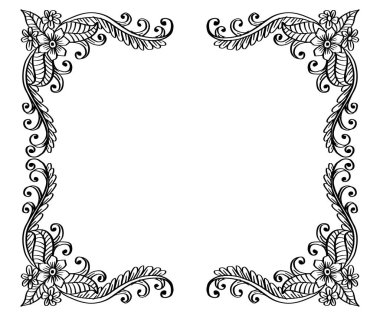 Siyah ve beyaz üzerine çiçek çerçevesi çizimi.