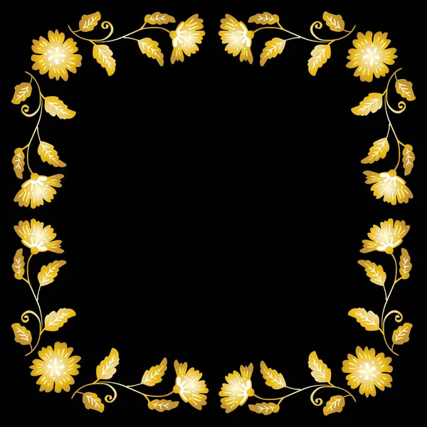 Doodle Desenho Moldura Floral Ouro Fundo Preto — Vetor de Stock