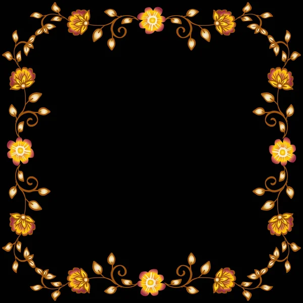 Doodle Σχέδιο Χρυσό Floral Πλαίσιο Μαύρο Φόντο — Διανυσματικό Αρχείο