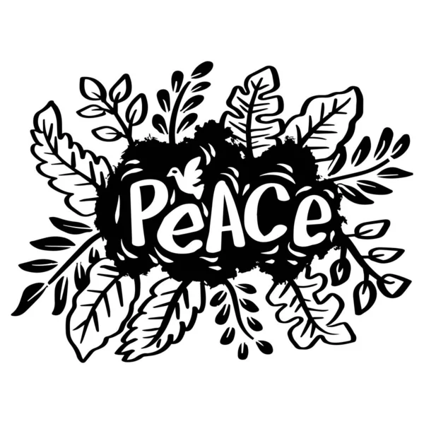 Texto Paz Con Letras Mano Con Decoración Floral Concepto Eslogan — Vector de stock