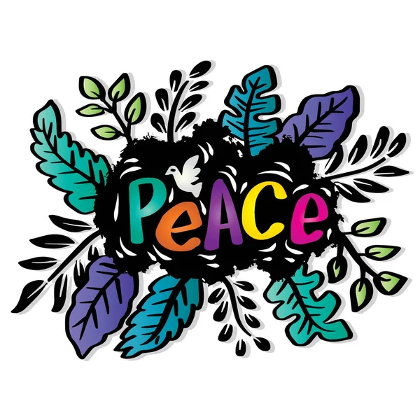 Texto Paz Con Letras Mano Con Decoración Floral Concepto Eslogan — Vector de stock
