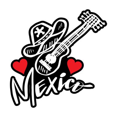Meksika gitarı, şapka ve Meksika harfleri. Vektör çizimi. Meksika seyahatinin simgesi. Dünya ülke seyahati simgesi.