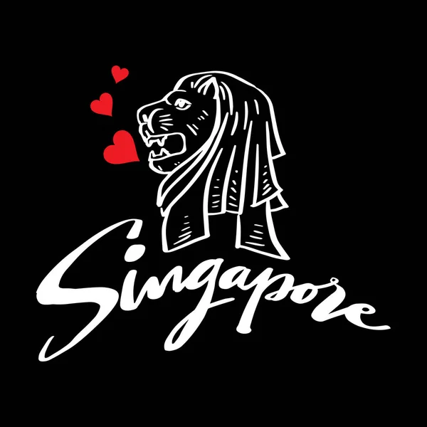 Illustration Vectorielle Noir Blanc Lion Cœur Rouge Singapour Voyage Point — Image vectorielle