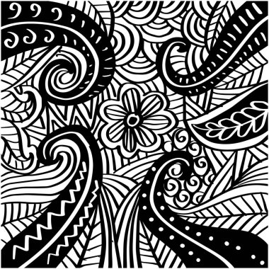 Çiçekli ve desenli siyah beyaz desenli. Vektör illüstrasyonu