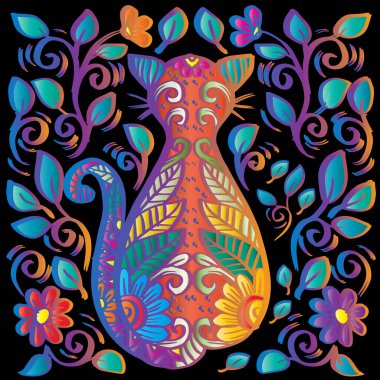 Çiçekli süslemeli el çizimi kedi..