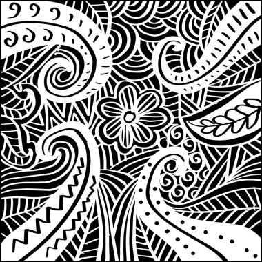 Çiçekli ve desenli siyah beyaz desenli. Vektör illüstrasyonu