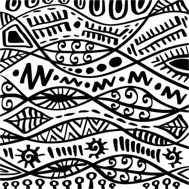 Siyah ve beyaz kabileler arasında kusursuz bir düzen var. El çizimi vektör illüstrasyonu.