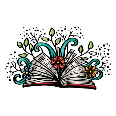 El çizimi, çiçekli açık bir kitap