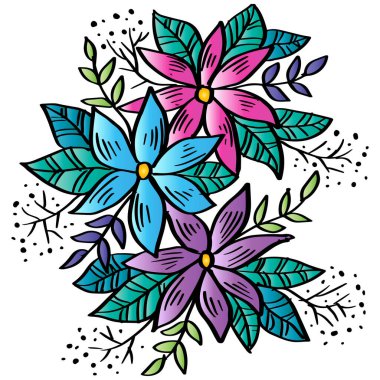 Çiçek ve yapraklı el çizimi vektör soyut çiçek çizimi. Doodle tarzı.