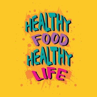 Sağlıklı yiyecekler sağlıklı yaşam. El çizimi harfler. Vektör illüstrasyonu.