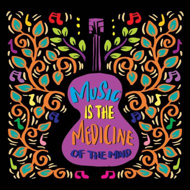 Müzik aklın ilacıdır. İlham verici bir alıntı. El çizimi vektör illüstrasyonu.