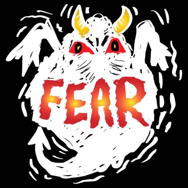 Siyah arka planda metinden korkan bir iblisin vektör çizimi.