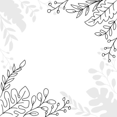 Yaprakları ve yazı için yeri olan siyah ve beyaz bir çiçek çerçevesi. Vektör illüstrasyonu.