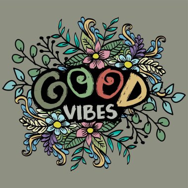  Çiçekler ve yapraklarla dolu güzel titreşimler. Vektör illüstrasyonu