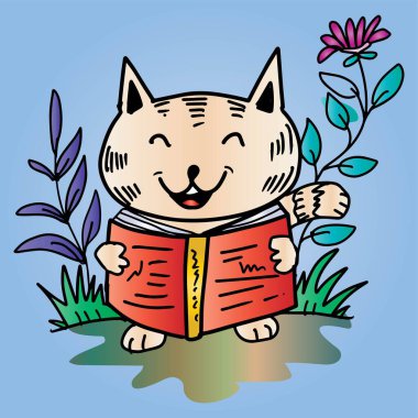 Bahçede kitap okuyan sevimli çizgi film kedisi. Vektör illüstrasyonu.