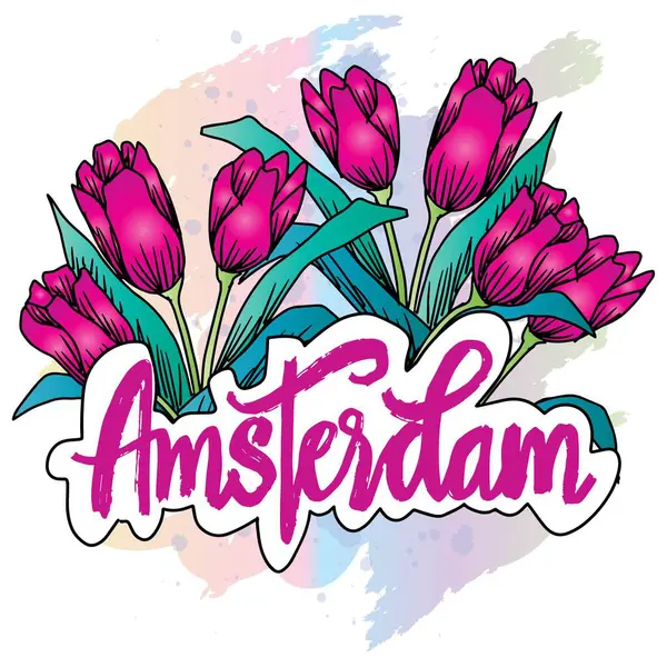 Amsterdam el yazısı, pembe lale çiçekleriyle yazılmış. Vektör illüstrasyonu